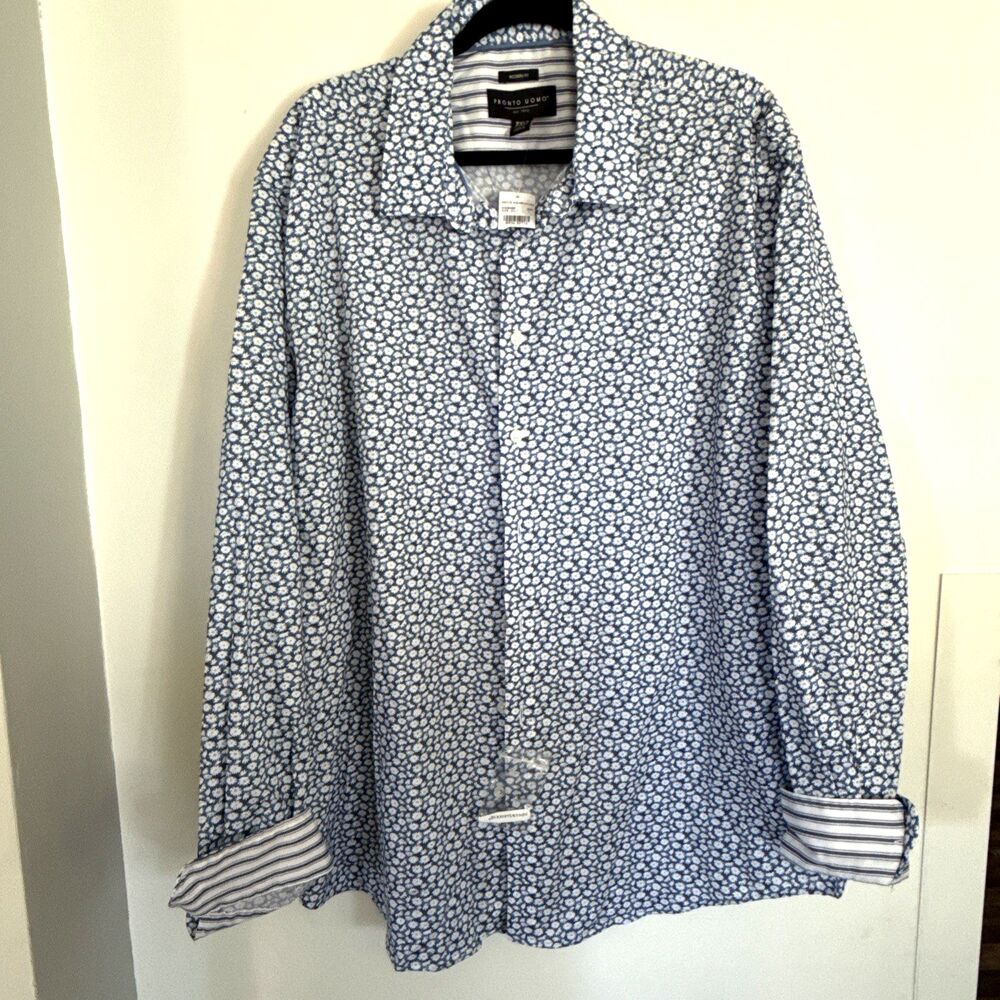 NEW Pronto Uomo Shirt Men 2XLT Blue Floral Modern Fit Button Up LS Contrast Cuff